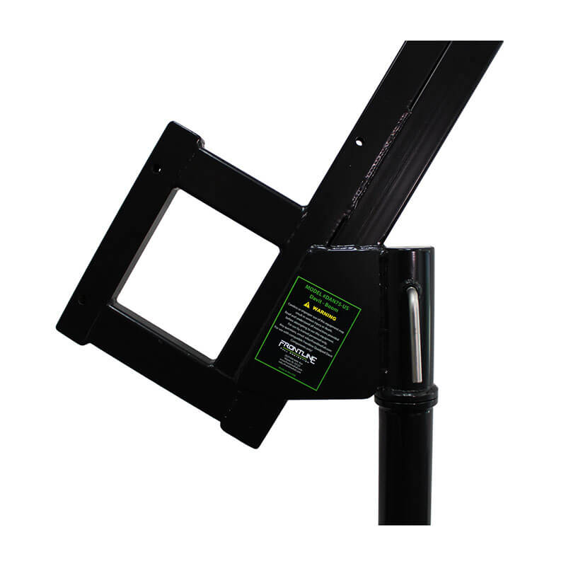 Close-up of the Frontline Patriot Davit Confined Space System DAN75-US by Frontline Fall Protection, featuring a black metal square frame and green label, shown against a white background.