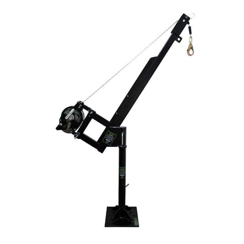 The Frontline Patriot CS Davit with 3-Way Retrieval System by Frontline Fall Protection is a black metal confined space crane with a winch, hooked cable, and square base, designed for safe lifting and lowering of heavy loads.