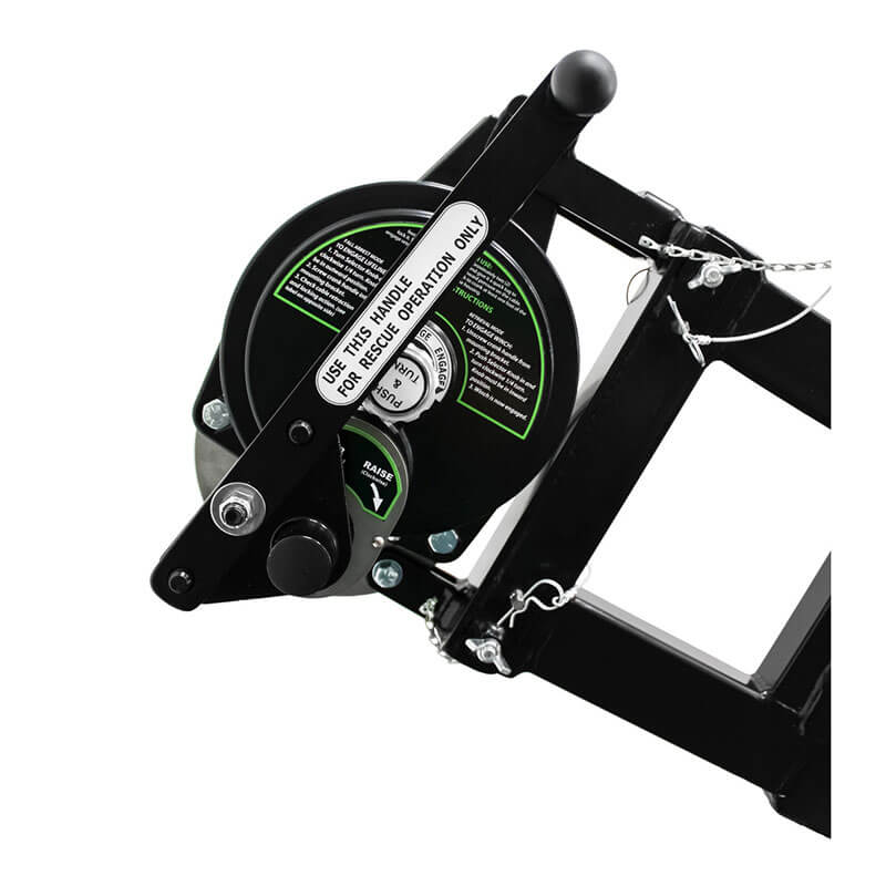 Close-up of the Frontline Patriot CS Quadpod with 3-Way Retrieval System by Frontline Fall Protection, featuring a manual winch, handle, safety label, and metal parts on a black frame for safe confined space entry and fall arrest.