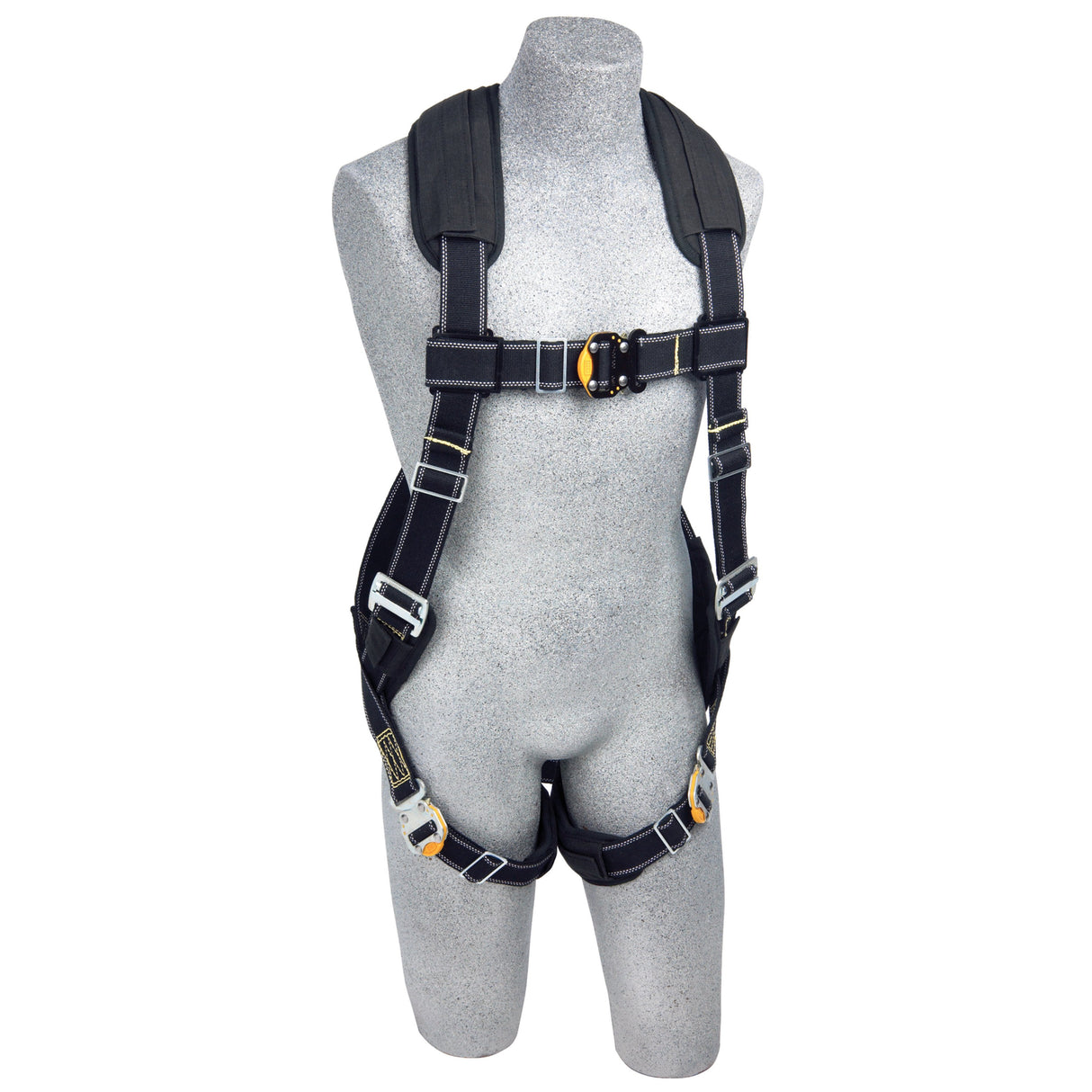 The 3M DBI-SALA ExoFit XP Comfort Arc Flash Harness, featuring Quick Connect buckles and Nomex/Kevlar fiber webbing, is fastened on a grey mannequin torso. With padded shoulder straps and metal clips, it’s ideal for fall protection in construction or climbing activities.