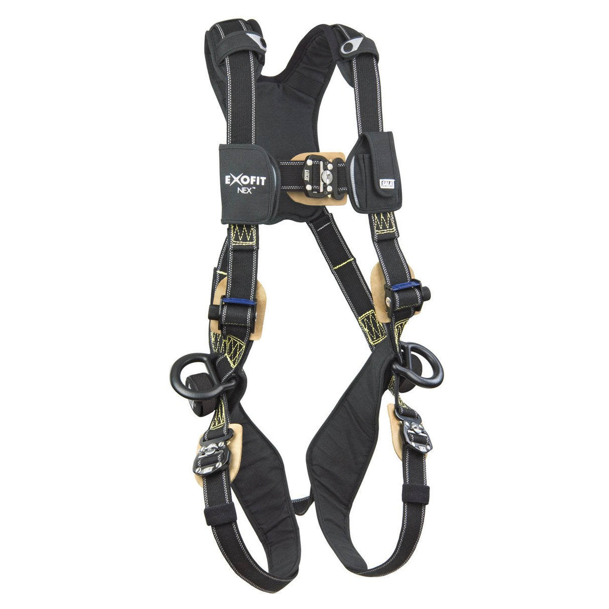 The DBI-SALA ExoFit NEX Comfort Arc Flash Vest Positioning Harness by 3M Fall Protection is black and gray with padded straps, metal buckles, and multiple adjustment points. It boasts the "ExoFit NEX" branding on the chest and features reinforced stitching for durability in tough conditions.
