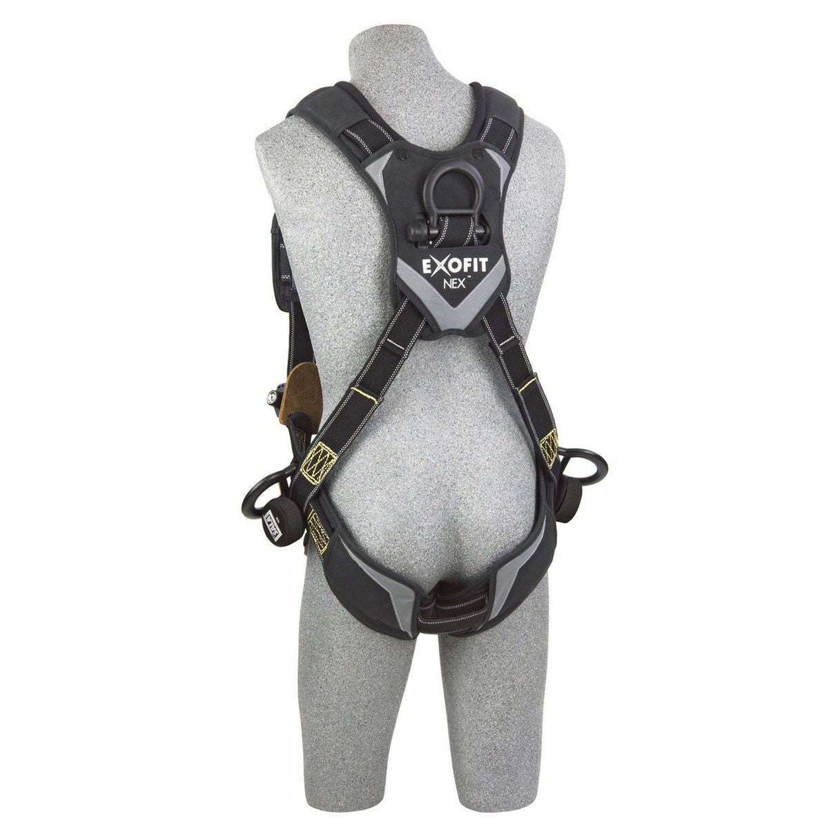 A gray mannequin wears a black 3M Fall Protection DBI-SALA ExoFit NEX Comfort Arc Flash Vest Positioning Harness featuring multiple adjustment straps, padded shoulder and back supports, and metal buckles. The rear view showcases its robust structure for optimal positioning and safety.