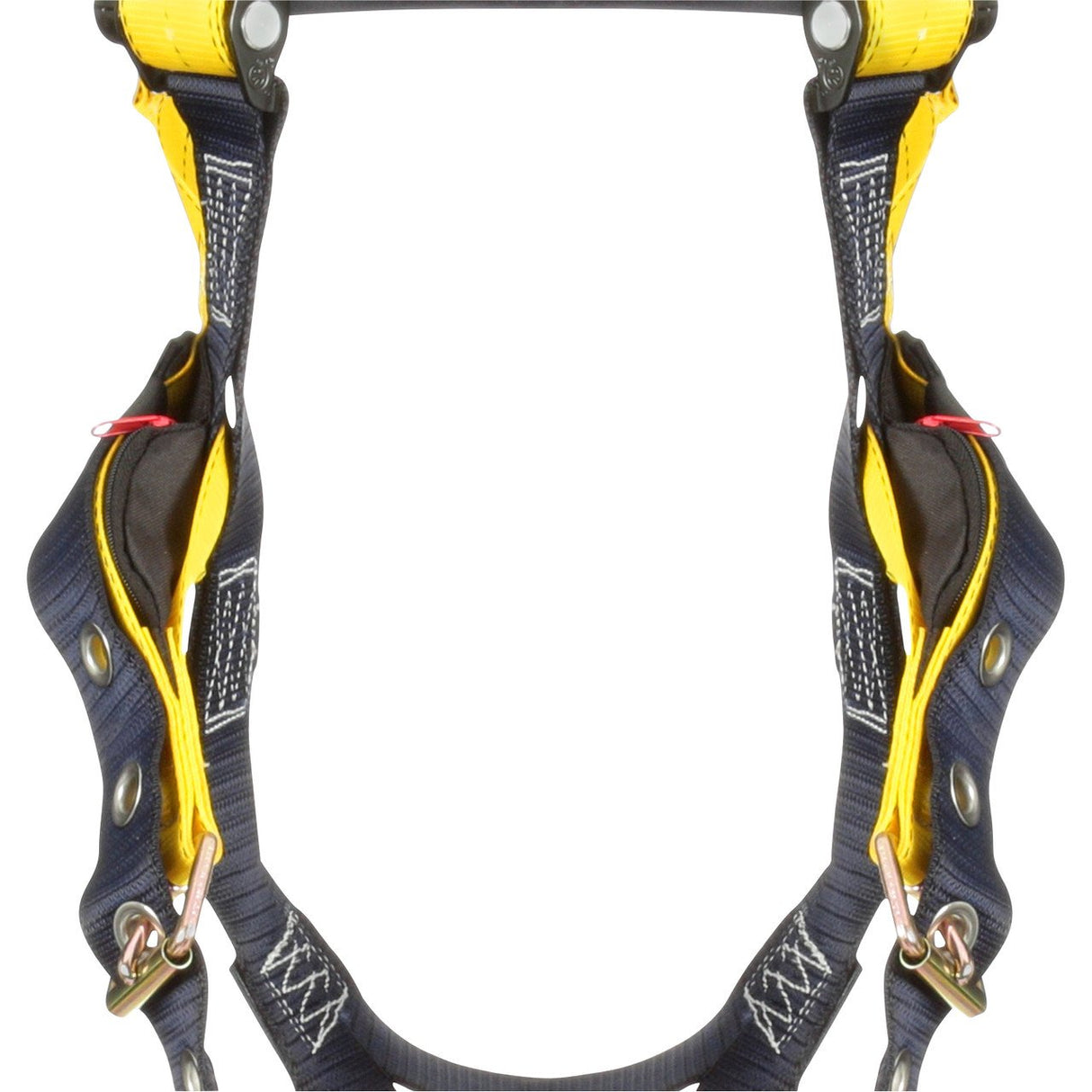 A close-up image highlights the intricate details of the 3M DBI-SALA Delta Vest Safety Harness, Tongue Buckle. Its black and yellow no-tangle straps are complemented by corrosion-resistant silver metal buckles and clips for secure fastening. The white background emphasizes its design features.