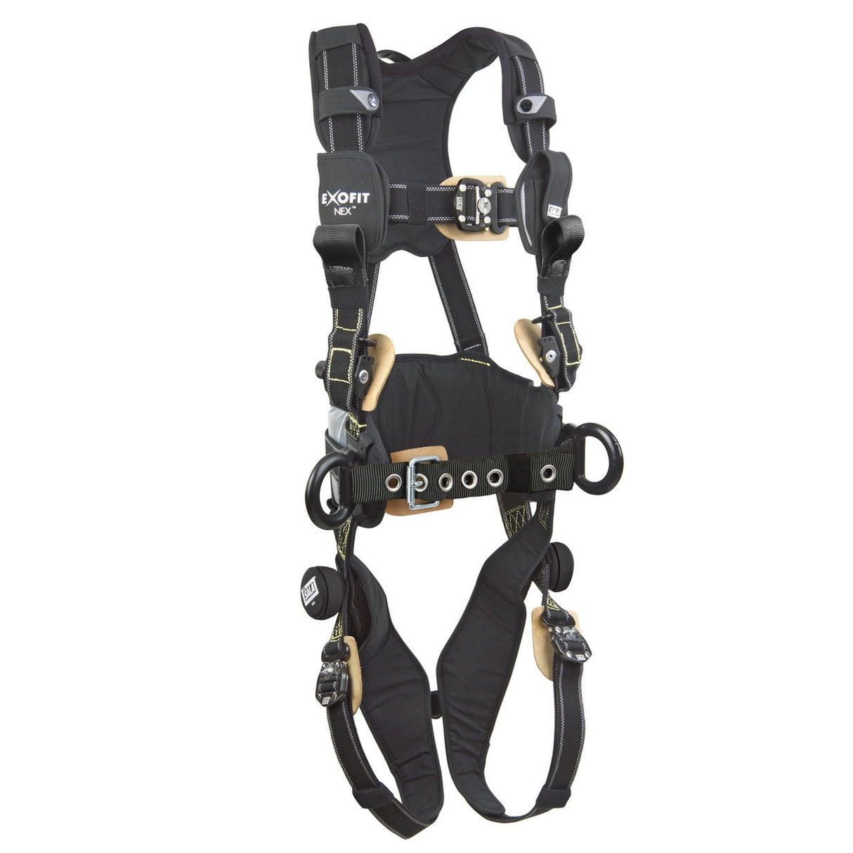 The 3M Fall Protection DBI-SALA ExoFit NEX AF Construction Positioning Harness, Web Loops, is a black and tan safety harness featuring multiple straps and metal buckles. It includes padded shoulder and leg straps, offering attachment points for secure construction fall protection.