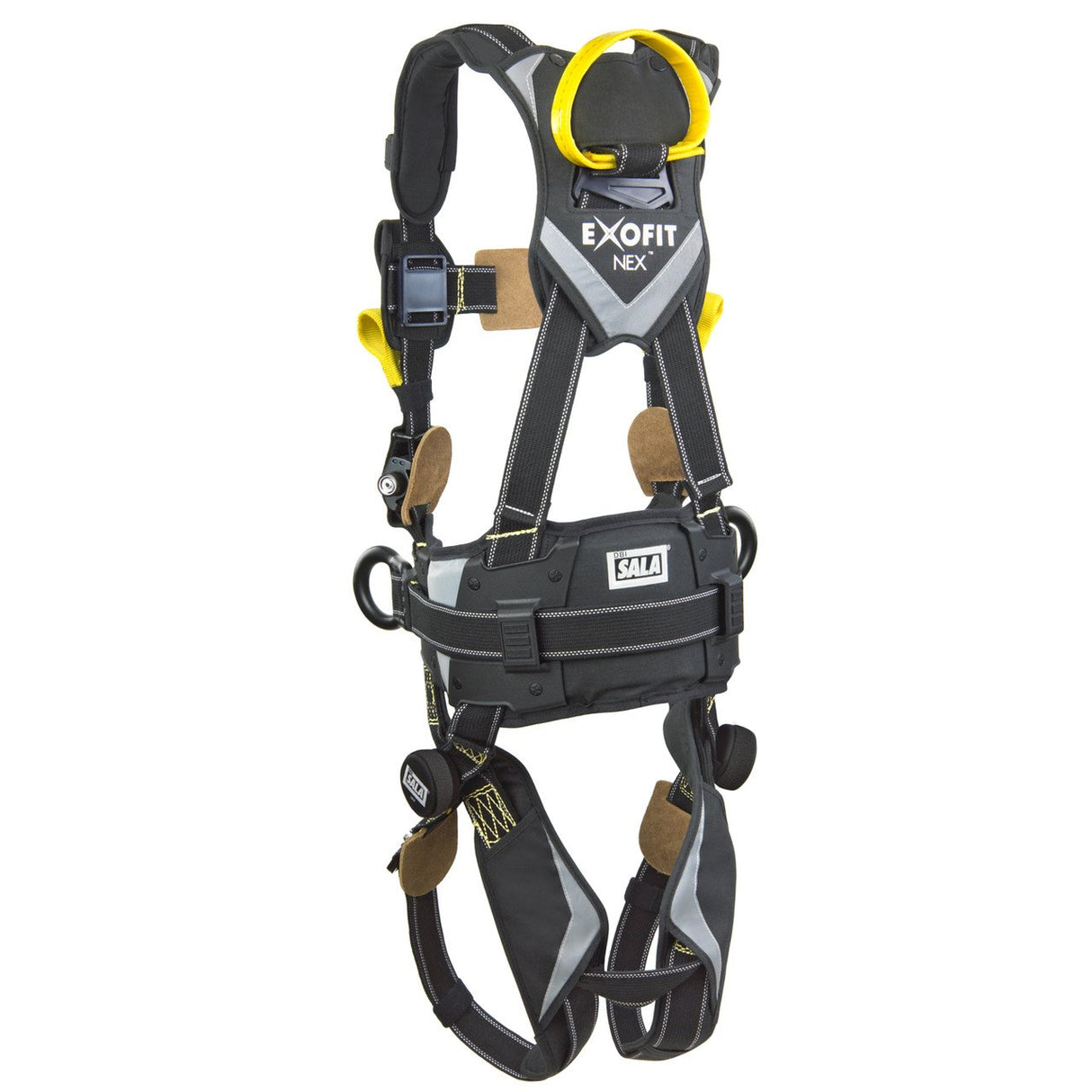 The black and gray ExoFit NEX AF harness with yellow accents from 3M Fall Protection is ideal for construction positioning. Labeled "ExoFit Nex" and "Sala," it features adjustable straps, buckles, and padding for ultimate comfort and security, epitomizing advanced harness design.