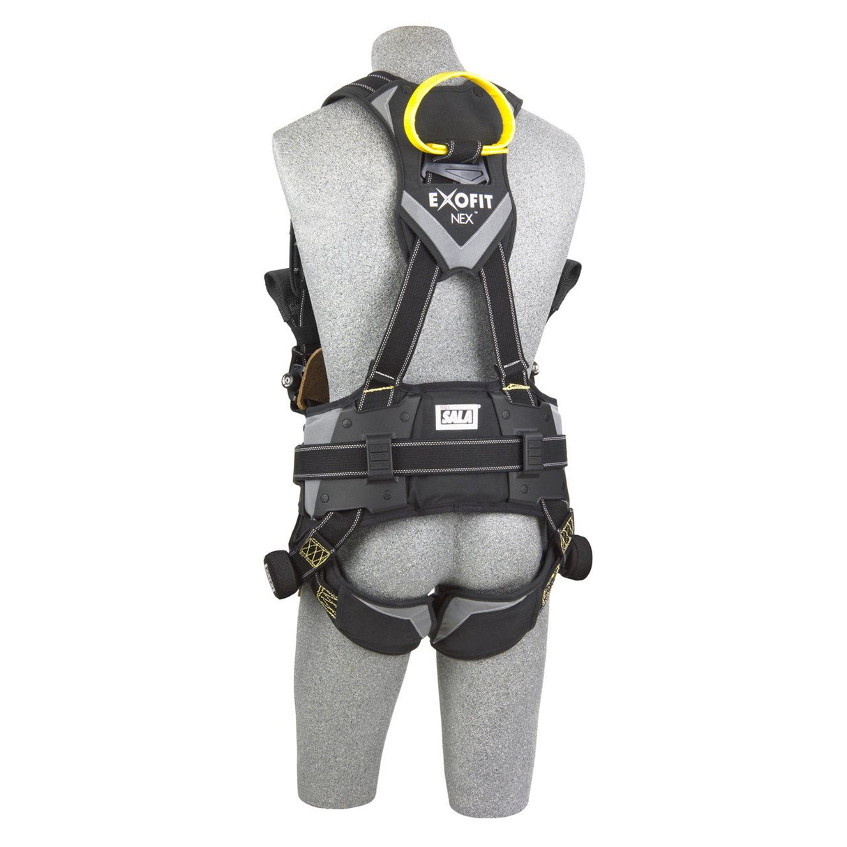 A gray mannequin wears the 3M Fall Protection DBI-SALA ExoFit NEX AF Construction Positioning Harness with a yellow shoulder hook, web loops, padding, and buckles for dependable fall protection in demanding work settings.