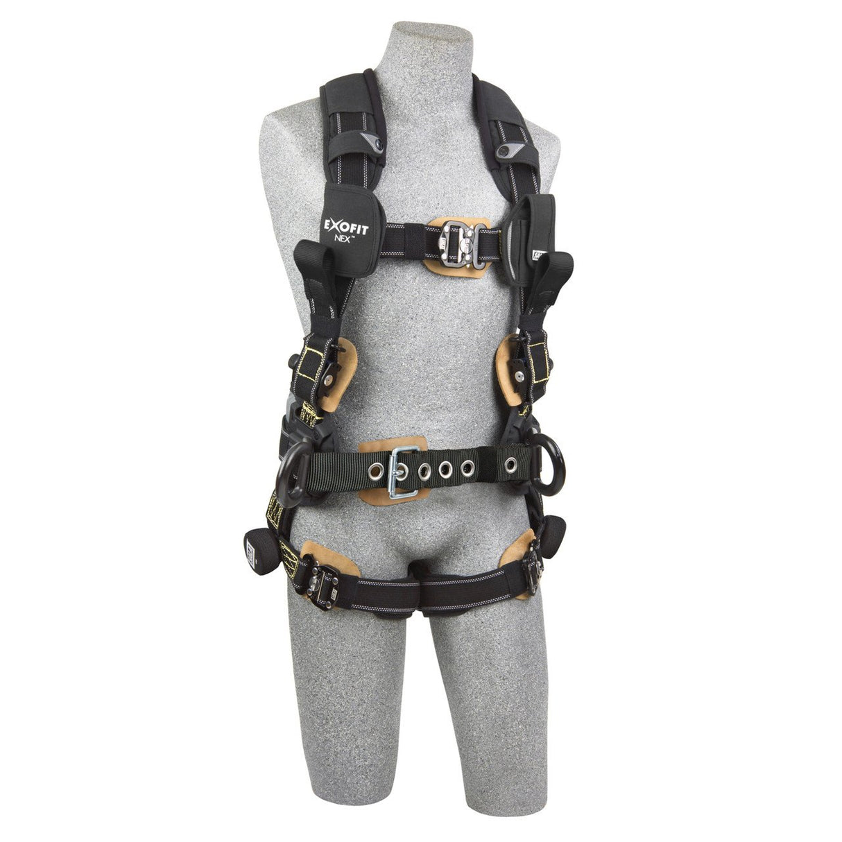 A mannequin displays the 3M Fall Protection DBI-SALA ExoFit NEX AF Construction Positioning Harness, featuring black and grey web loops with padded straps, metal rings, and clip-on points for optimal fall safety in construction.