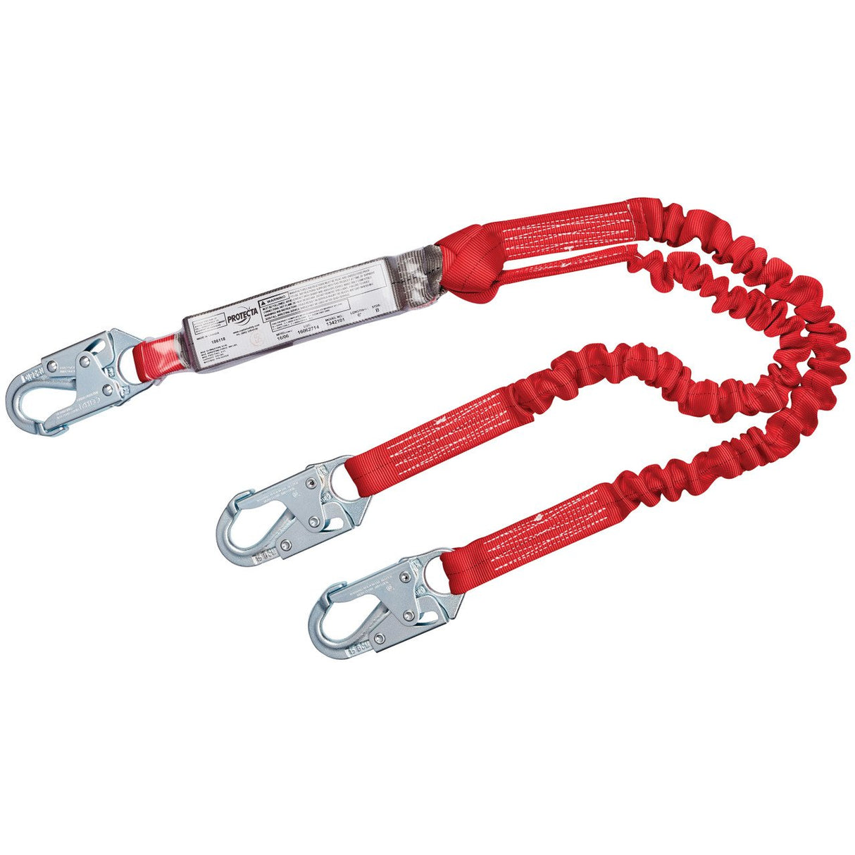 The 3M PROTECTA PRO Pack Elastic 100% Tie-Off Shock Absorbing Lanyard from 3M Fall Protection is a red twin-leg web lanyard with a shock absorber and two metal hooks for fall protection, known for corrosion resistance, complete with an attached label providing product details.