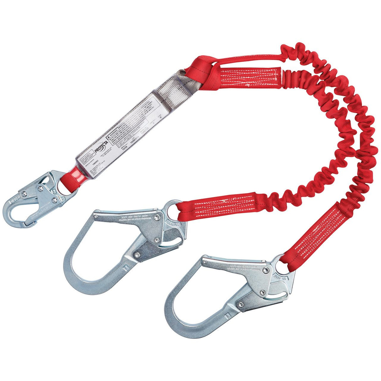 The 3M PROTECTA PRO Pack Elastic 100% Tie-Off Shock Absorbing Lanyard by 3M Fall Protection is a red and silver twin-leg lanyard with elastic web, featuring two large metal hooks and designed for safety and fall protection in construction or industrial settings, offering excellent corrosion resistance.