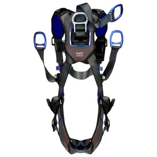 The 3M DBI-SALA ExoFit X300 Comfort Oil & Gas Climbing/Positioning Safety Harness features black with blue accents, metal fittings, padded shoulder straps, and multiple adjustment points for fall protection. "ExoFit X300" is prominently displayed on the chest piece.