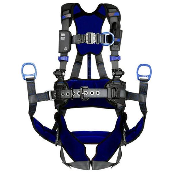 The 3M Fall Protection ExoFit X300 Comfort Tower Climbing Safety Harness offers superior fall protection with its blue and black design, featuring adjustable straps, buckles, and attachment points.
