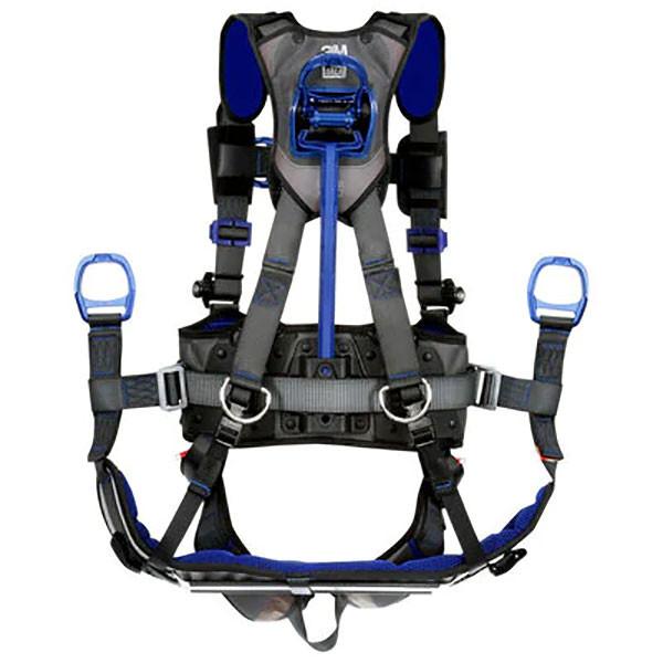 The 3M Fall Protection DBI-SALA ExoFit X300 Comfort Tower Climbing Safety Harness 140323_ features adjustable straps, blue and black padding, and metal rings. Ideal for tower climbing, its robust design provides reliable attachment in diverse safety scenarios.