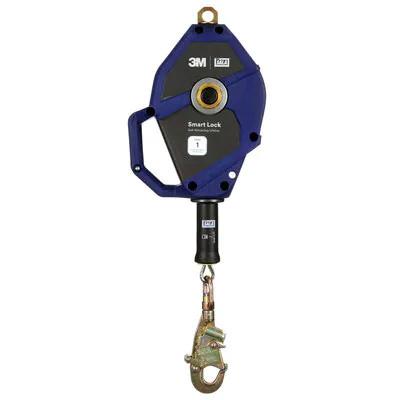 The image features a 3M DBI-SALA Smart Lock SRL, enclosed in a dark blue casing with a galvanized cable. It includes a handle on the left and a metal hook at the bottom, providing reliable safety and fall protection across various industries, compliant with ANSI/ASSP Z359.14-2021 standards.