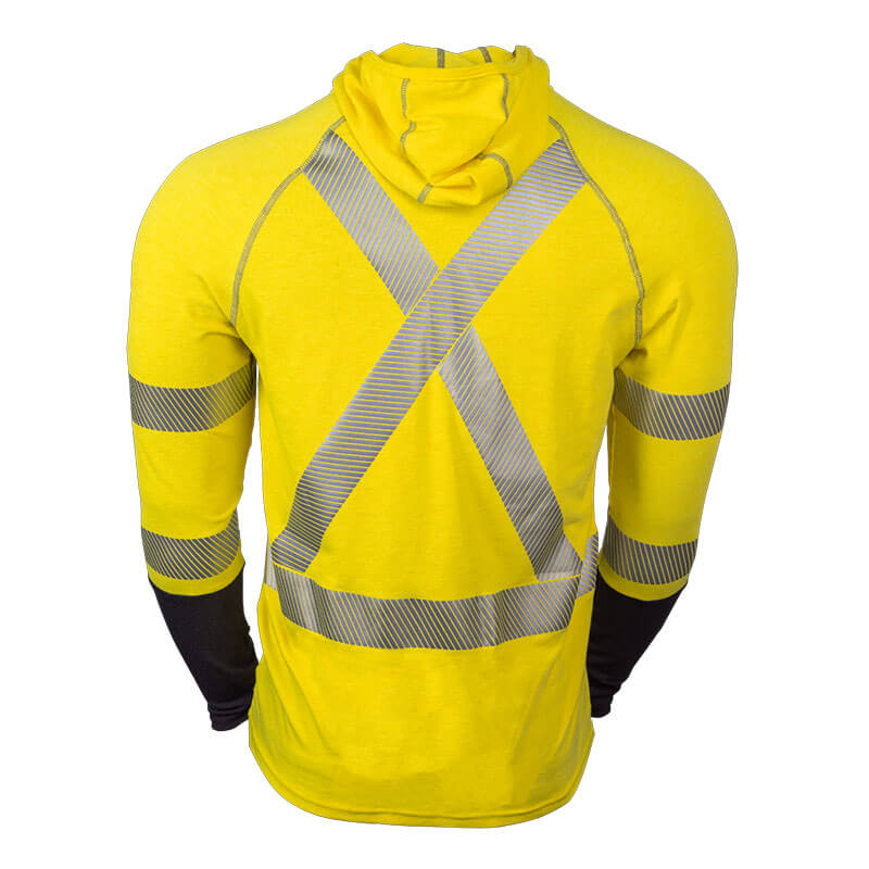 The NSA DRIFIRE FR Hi-Vis Performance Hoodie Class 3 DF2-173HD-HVC3 is showcased from the back in yellow, featuring reflective silver X-pattern stripes for enhanced visibility, UPF 50+ protection, and horizontal arm stripes.