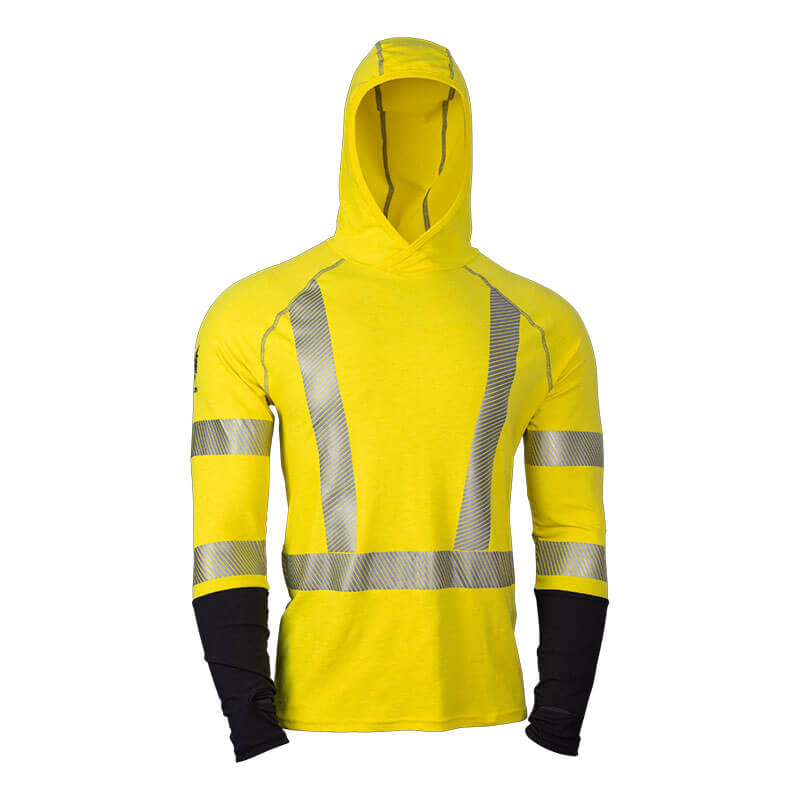 The NSA DRIFIRE FR Hi-Vis Performance Hoodie Class 3 DF2-173HD-HVC3 features reflective strips on the chest, back, and arms. It is vibrant yellow with black long sleeves underneath and offers UPF 50+ protection, making it ideal for safety and visibility in low-light conditions.