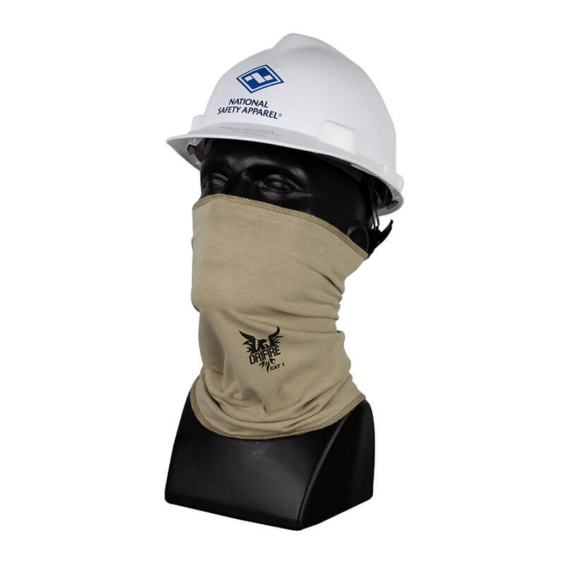 A black mannequin head wears an NSA white hard hat and a desert sand DRIFIRE FR Summer Neck Gaiter DF2-762SNG, designed for moisture-wicking comfort and flame-resistant protection for the lower face and neck.