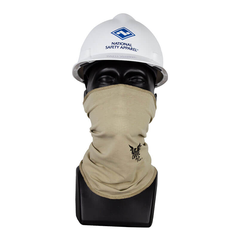 A mannequin head wears a white NSA hard hat and a beige DRIFIRE FR Summer Neck Gaiter DF2-762SNG, which covers the lower face and neck and features a small black logo on one side.