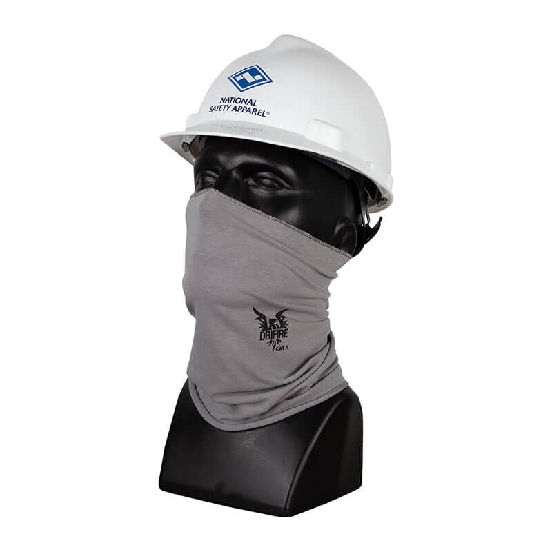 A black mannequin head wears a white hard hat labeled "NSA" and a gray DRIFIRE FR Summer Neck Gaiter DF2-762SNG, providing flame-resistant protection for the lower face and neck.