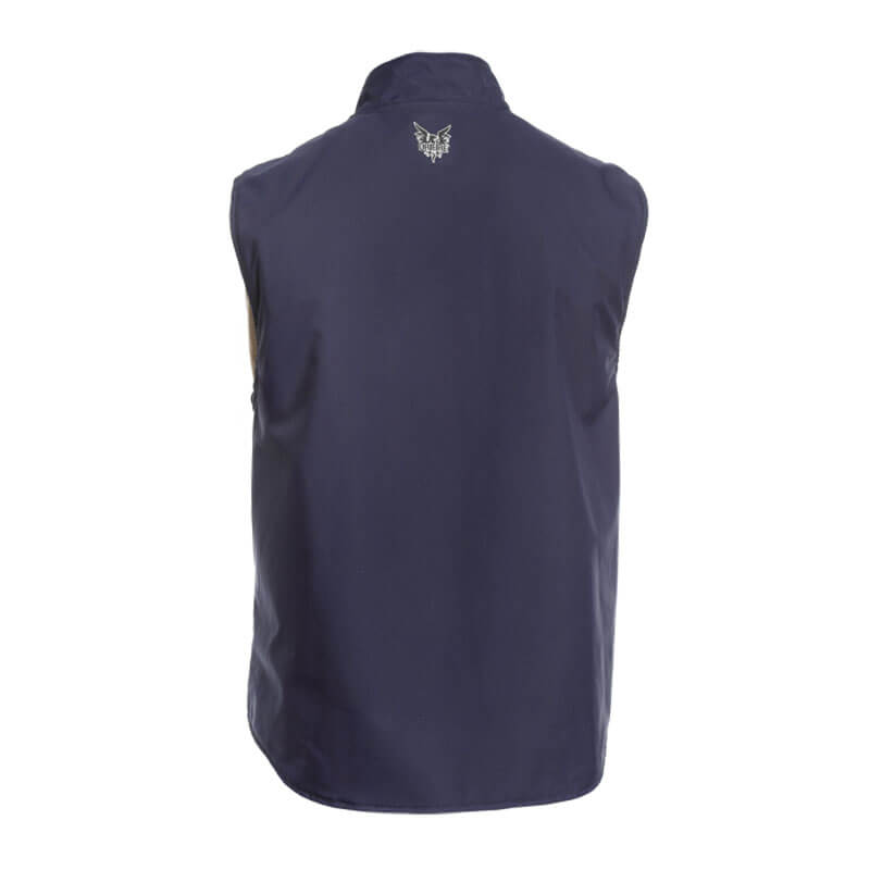The back view of the NSA DRIFIRE FR Fleece Lined Vest in navy blue showcases a small white logo of a stylized animal at the top center. Made from wind and water-resistant NSA DRIFIRE FR fabric, this vest's smooth and lightweight material is ideal for both casual and outdoor activities.