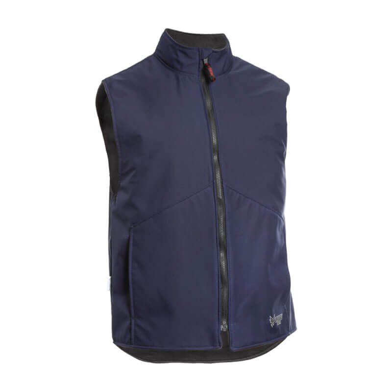The NSA DRIFIRE FR Fleece Lined Vest is a sleeveless navy blue piece featuring a front zipper and high collar. Crafted from PYRAD Fabric, it offers wind and water resistance, along with a small embroidered logo on the lower right side, making it perfect for warmth or outdoor activities.