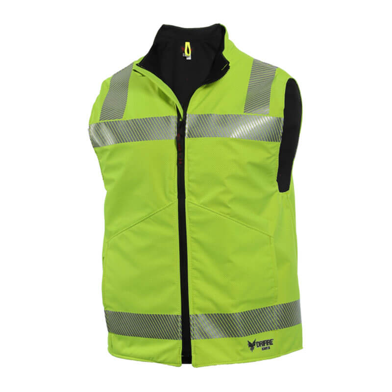 The NSA DRIFIRE Hi-Vis FR Fleece Lined Vest is a vibrant yellow safety vest with reflective silver stripes, designed for optimal visibility and protection. Featuring a sleeveless design and front zipper, it is wind and water resistant, providing an arc rating of 30 cal/cm² to ensure dependable safety in challenging environments.