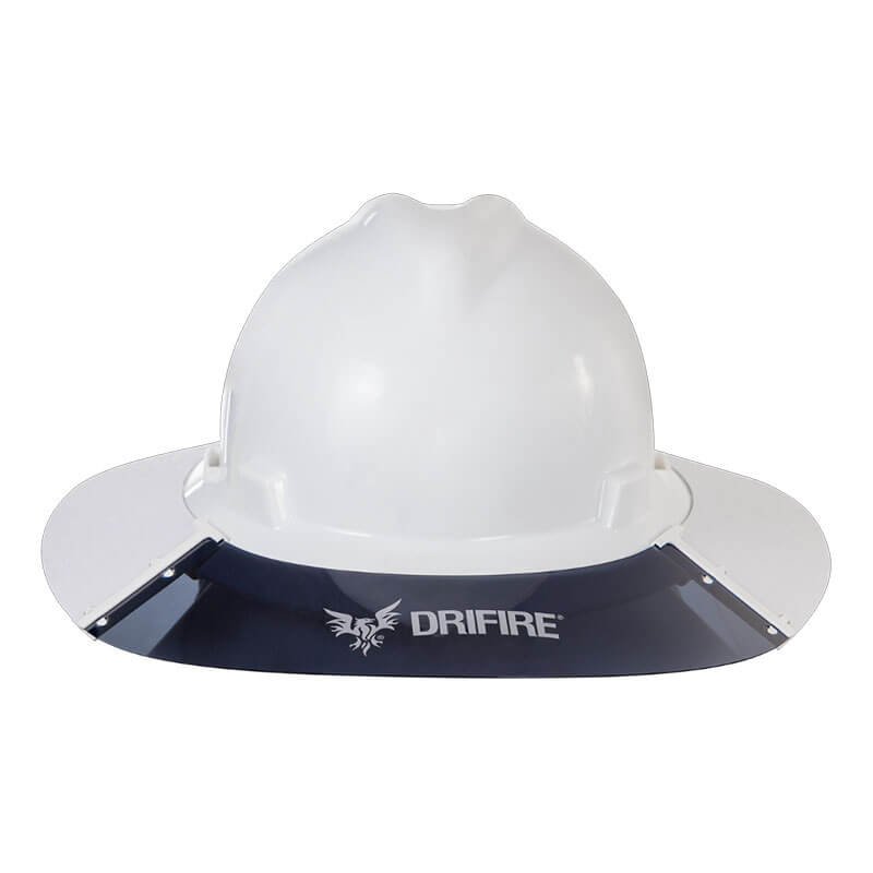 A white hard hat fitted with the NSA DRIFIRE Sun Shield DFSUNSHD, featuring a wide, dark blue shield with a white DRIFIRE logo, offers enhanced UV protection when attached to the brim.