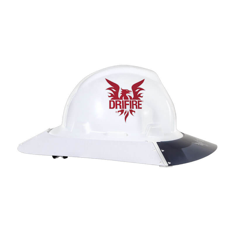 The NSA DRIFIRE Sun Shield DFSUNSHD is a white hard hat with wide brim and black face shield, featuring a red flame and bird logo on the front for added UV protection with its advanced brim design.