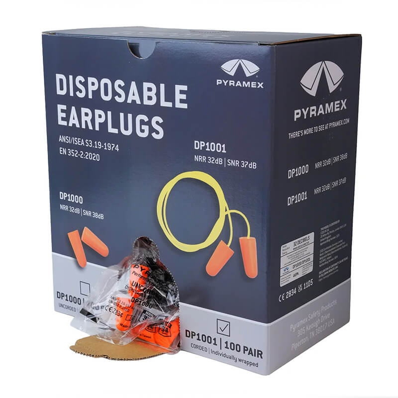 A box of Pyramex Safety Disposable Corded Tapered Fit Earplugs DP1001 (100/Box) shows bright orange plugs with a yellow cord and highlights individually packaged, disposable earplugs for hearing protection.