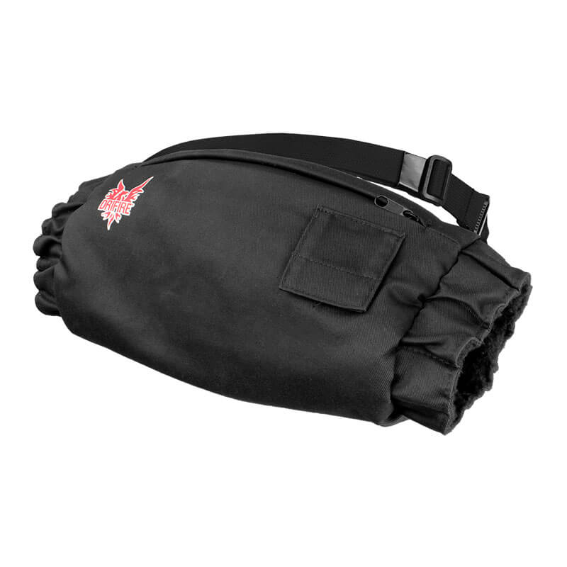 The NSA DRIFIRE FR Heated Hand Warmer features a black design, adjustable strap, small outer pocket, and red "Hot Hands" logo—ideal for use with flame resistant clothing on cold days.