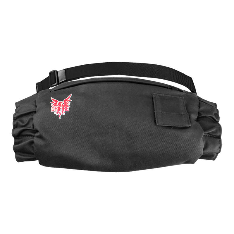The NSA DRIFIRE FR Heated Hand Warmer is a black waist pack with an adjustable strap, small front pocket, and a red and white "DRIFIRE" eagle logo—ideal for essentials like batteries or the included heated hand warmer.