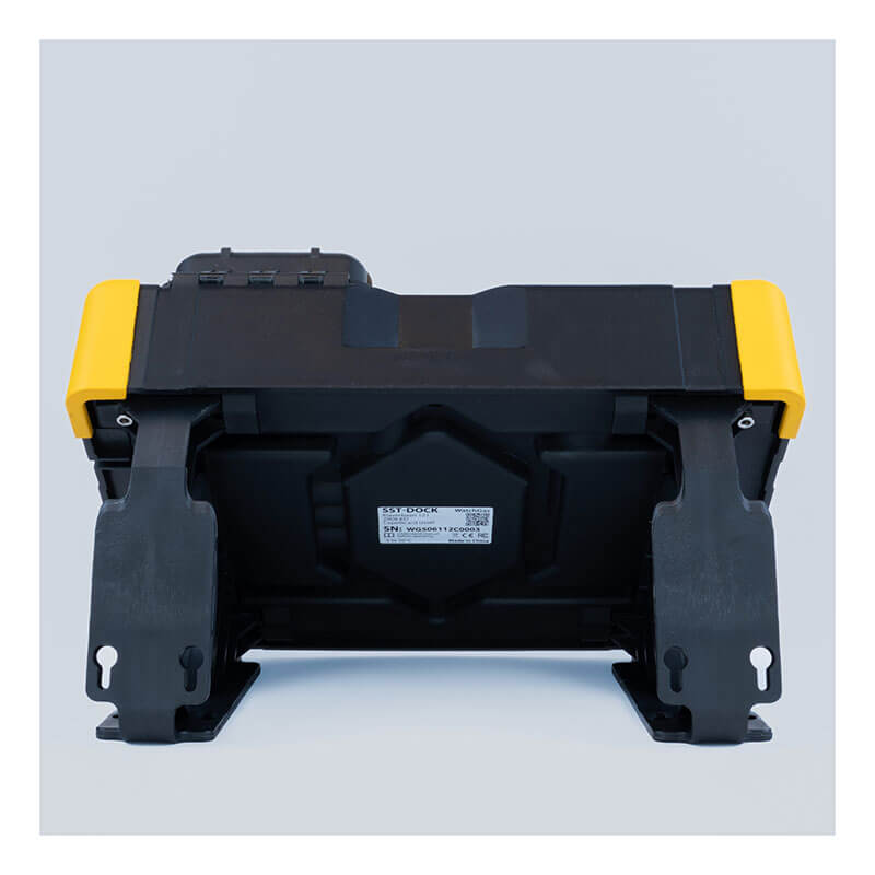 A black and yellow WatchGas Docking Station w/Touchscreen SST-DOCK stands on its side with two black latches and a visible label. The plain, light-colored background highlights the device's features. Brand: WatchGas.