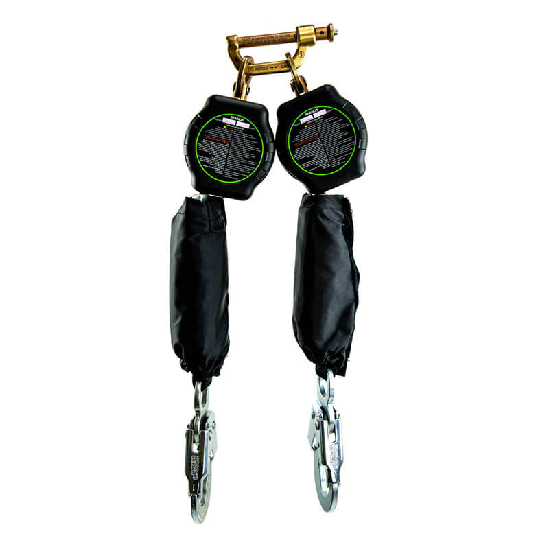 Two Frontline Aramid Fiber Web Twin Leg 6' SRLs by Frontline Fall Protection, black with carabiner hooks at the bottom and a gold top connector, are used to enhance safety in harness systems.