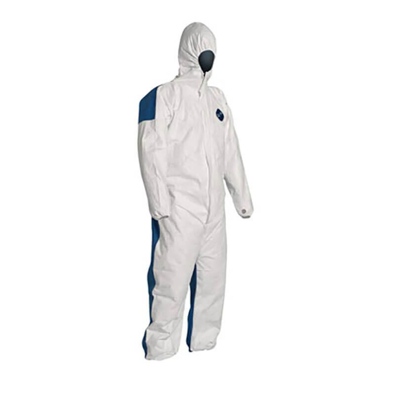 A Dupont Tyvek 400 D (TD127S WB option CM) coverall in white, featuring a hood, face shield, and blue stripes on the sides, is displayed against a plain white background. It is specifically designed to combat heat stress, ensuring both safety and hygiene for optimal protection.