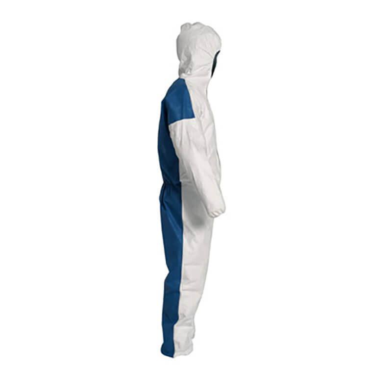 An isolated image of a Dupont Tyvek 400 D (TD127S WB option CM) full-body protective suit with a hood. The suit is white with blue panels running down the sides, designed by Dupont for safety and hygiene. It covers from head to ankles while minimizing heat stress.