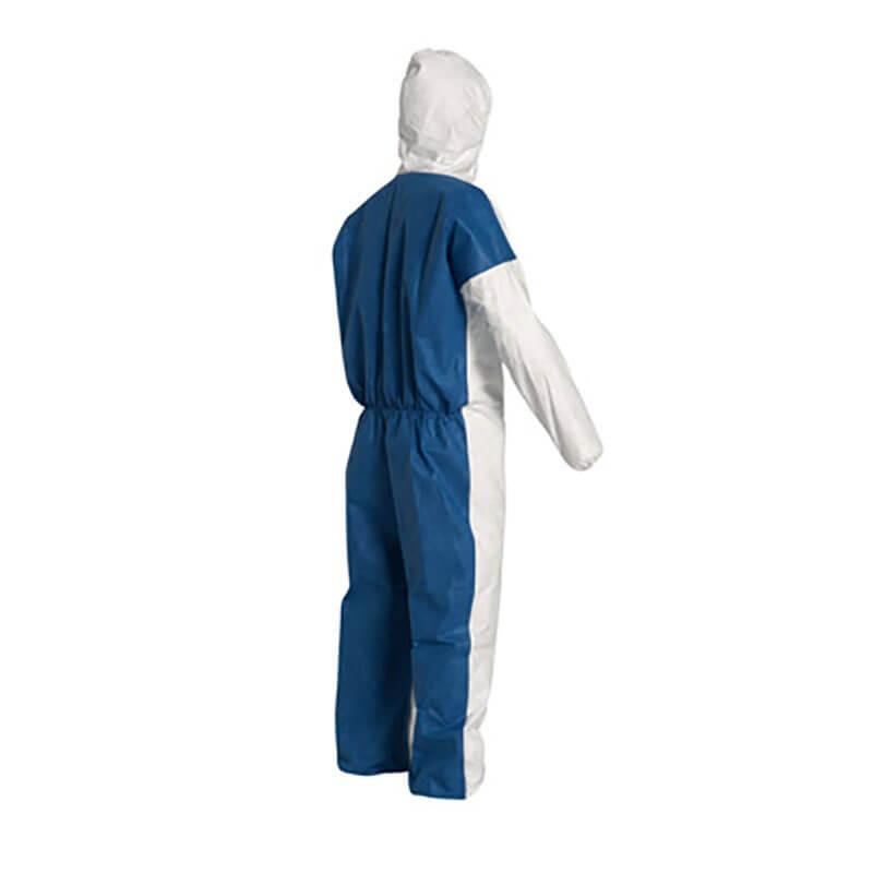 A mannequin is dressed in a Dupont Tyvek 400 D (TD127S WB option CM) protective coverall, featuring blue and white colors with a hood. Designed by Dupont to mitigate heat stress, the suit showcases blue sections covering the back and half of the arms and legs. It stands elegantly against a pristine white background.