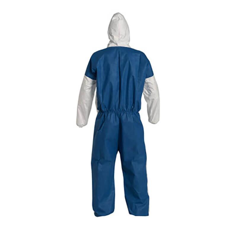 A person wearing a blue and white Dupont Tyvek 400 D (TD127S WB option CM) protective jumpsuit with a hood, viewed from the back. The suit is crafted to reduce heat stress while prioritizing safety and hygiene.
