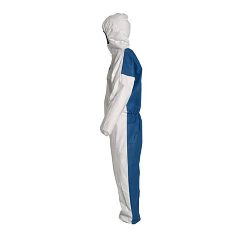 Side view of a Dupont Tyvek 400 D hooded coverall suit in white and blue (TD127S WB option CM), integrating ProShield 10 technology for superior safety and hygiene. Engineered with long sleeves, it ensures comprehensive coverage from head to toe while minimizing heat stress.