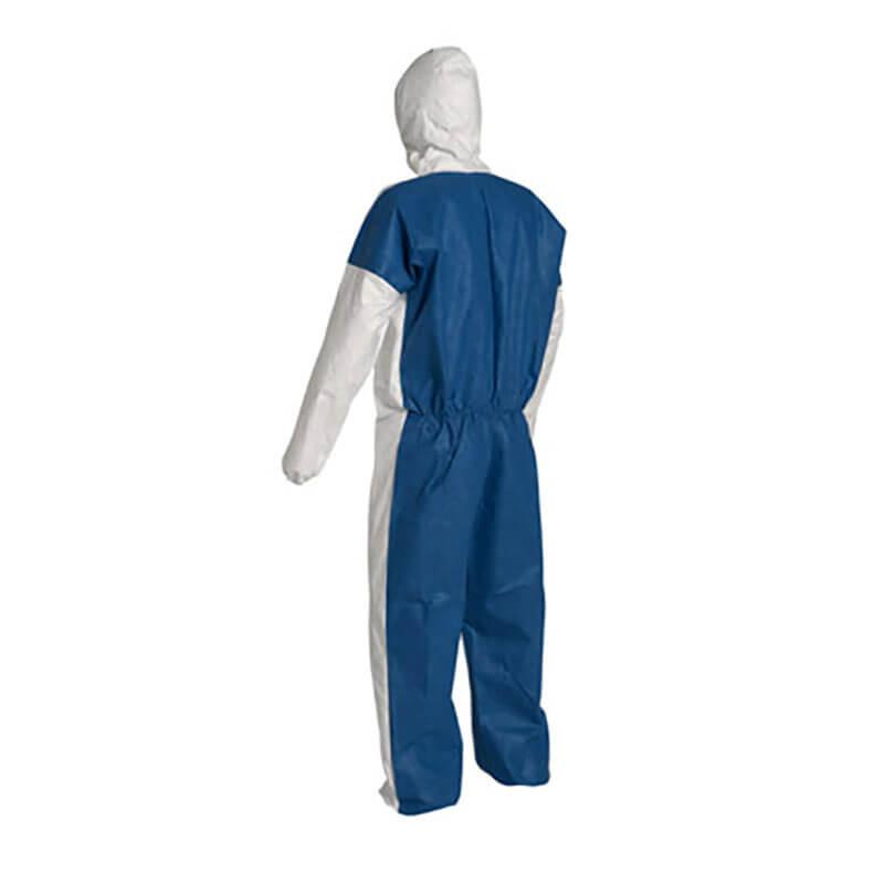 A person wearing a Dupont Tyvek 400 D (TD127S WB option CM) protective suit with a hood, viewed from the back. This blue and white suit is made from specialized material focused on safety and hygiene, effectively addressing heat stress.