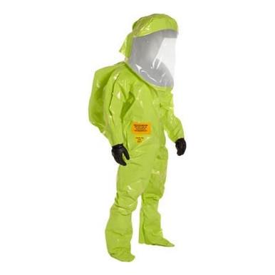 The Dupont Hazmat Training Suit Tychem Lime Yellow, featuring a clear face shield, black gloves, and a backpack, is designed for first responders undergoing hazardous materials training. This fully enclosed suit offers maximum protection by covering the entire body.