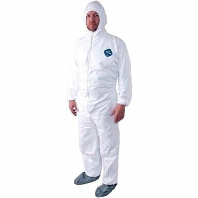 A person wearing a Dupont Tyvek TY122S Coverall Suit, complete with a hood and shoe covers. The suit features a small blue logo on the chest. The individual stands against a plain background, ready to handle hazardous materials safely.