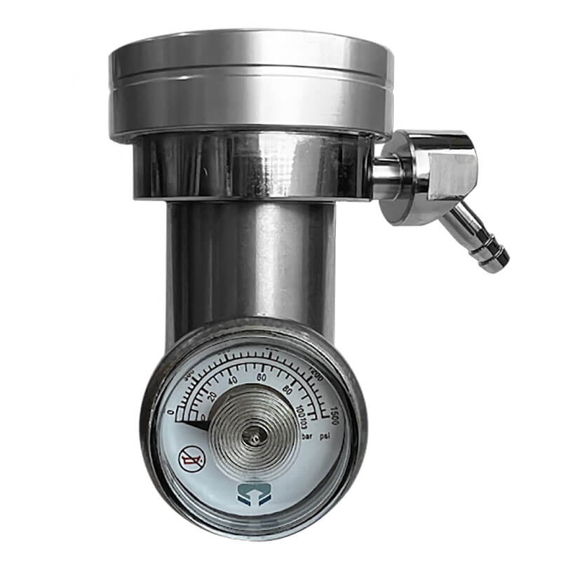 A close-up of the Intermountain Specialty Gases Demand Flow Regulator (45°) shows a stainless steel pressure gauge displaying psi and bar, attached to a hose connector—ideal for calibration gas applications.