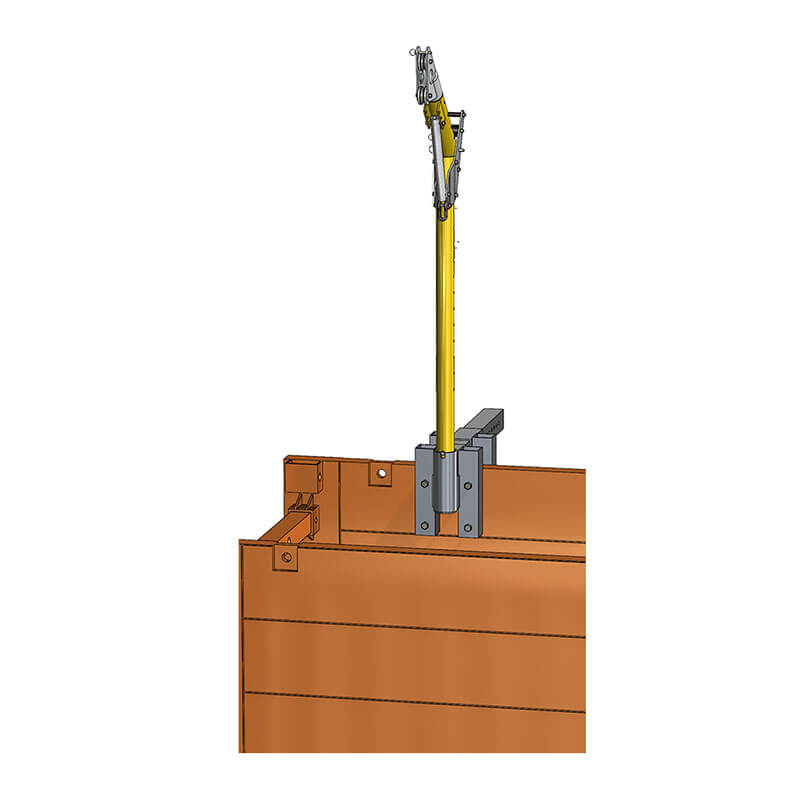 The French Creek Adjustable Barrel Mount Davit Base PD11 by French Creek Production, featuring a yellow vertical post and metal bracket, is mounted at the corner of a brown wood or metal barrier against a white background.