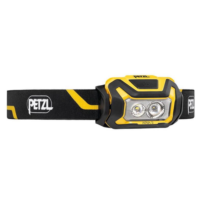 The Petzl ARIA 2 Headlamp E070AB00 is a yellow and black, waterproof headlamp with an adjustable strap, dual front LEDs for hands-free lighting, and the Petzl logo on the strap.