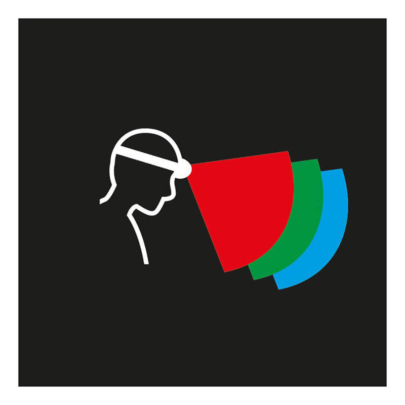 A minimalist profile illustration with red, green, and blue overlapping beams radiating from the forehead evokes the Petzl ARIA 2 RGB Headlamp E070BB00 by Petzl, featuring RGB modes. The black background enhances focus and perspective.