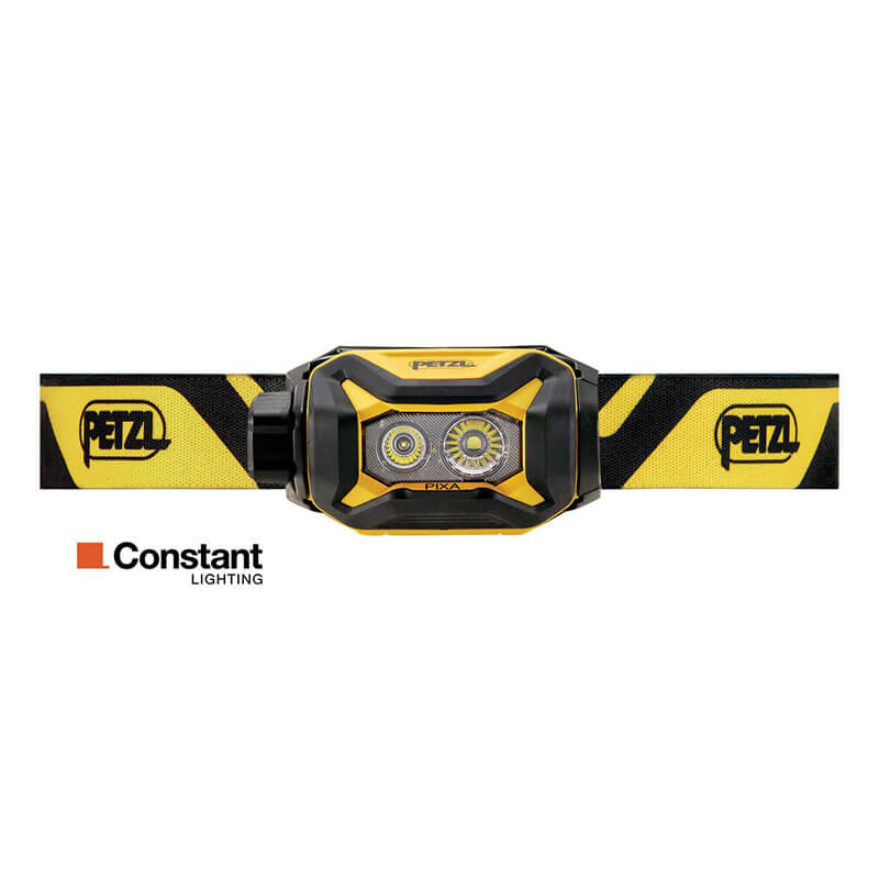 The Petzl PIXA 4 Waterproof Headlamp E120AA00 is a yellow and black headlamp with an adjustable strap, two LED bulbs, the Petzl logo, "Constant Lighting" in the lower left corner, and is ideal for industrial use.