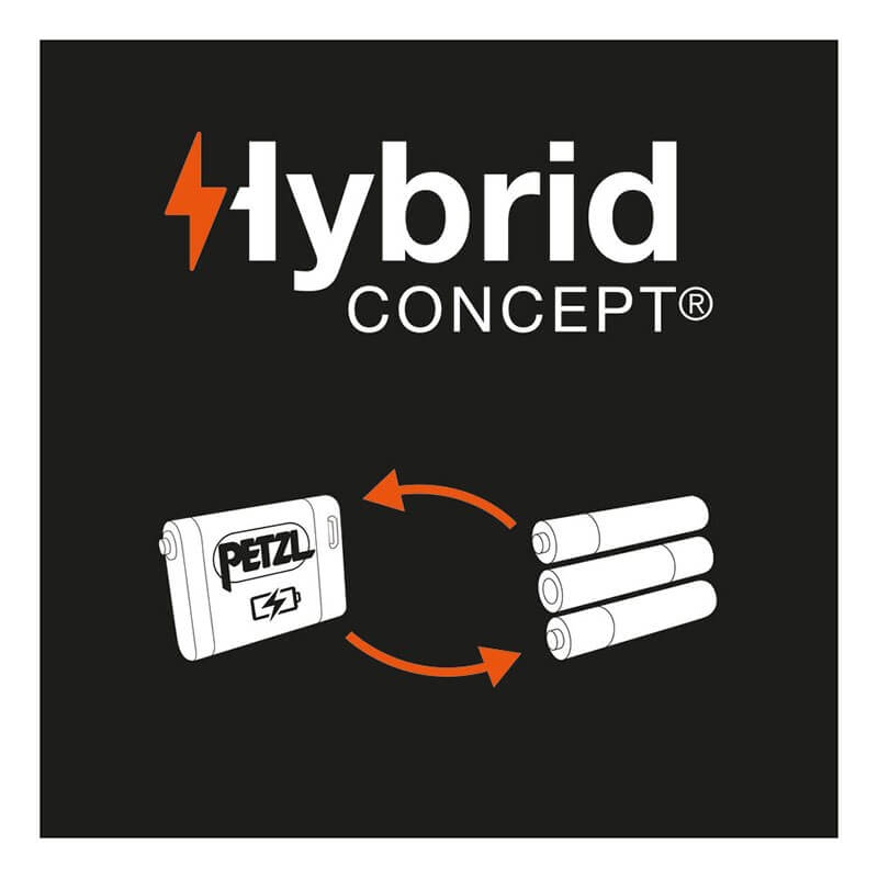A graphic displays "Hybrid Concept" with a battery pack and three AA batteries linked by arrows, illustrating the Petzl PIXA 4 Waterproof Headlamp E120AA00’s compatibility with both rechargeable and standard AA power sources.