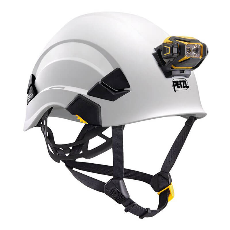 A white Petzl safety helmet with a black adjustable strap, chin guard, and a front-mounted Petzl PIXA 4 Waterproof Headlamp E120AA00 in yellow and black. The Petzl logo is visible on the helmet's side.