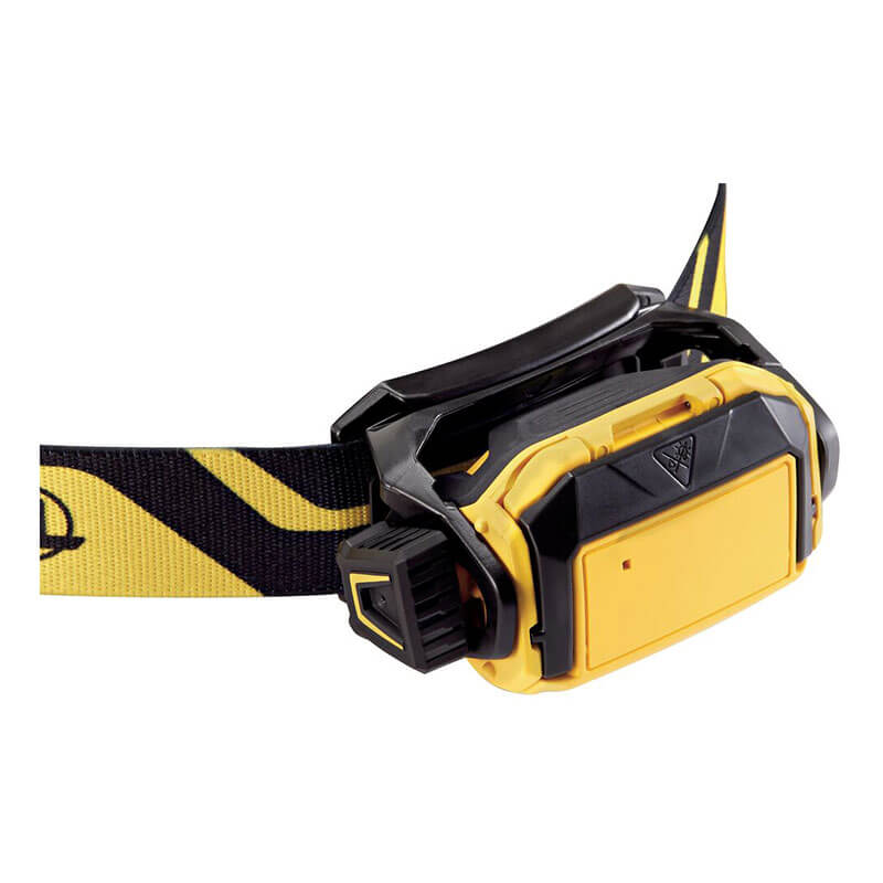 A close-up of the Petzl PIXA 4 Waterproof Headlamp E120AA00, a yellow and black hands-free headlamp with adjustable strap, designed by Petzl for industrial use.