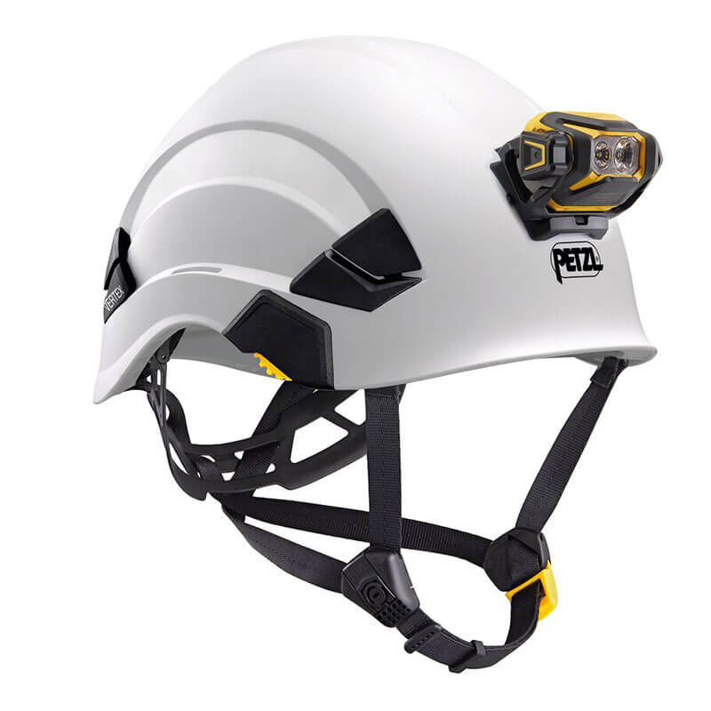 A white safety helmet features the Petzl PIXA R Waterproof, Rechargeable Headlamp E120CA00 attached to the front, black adjustable straps, and the Petzl logo on the side.