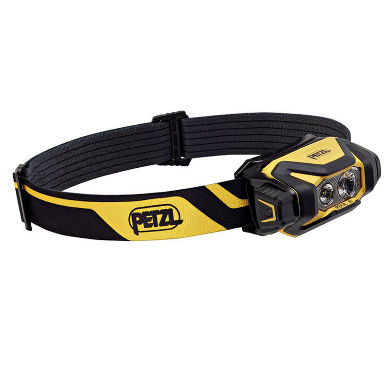 The Petzl PIXA R E120CA00 is a black and yellow waterproof, rechargeable headlamp with an adjustable strap, designed for outdoor or industrial use.